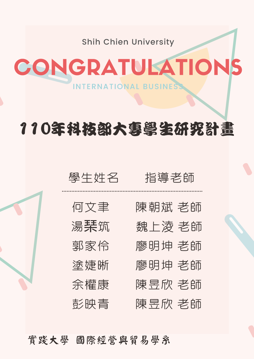 110年度科技部大專生研究計畫本系通過名單